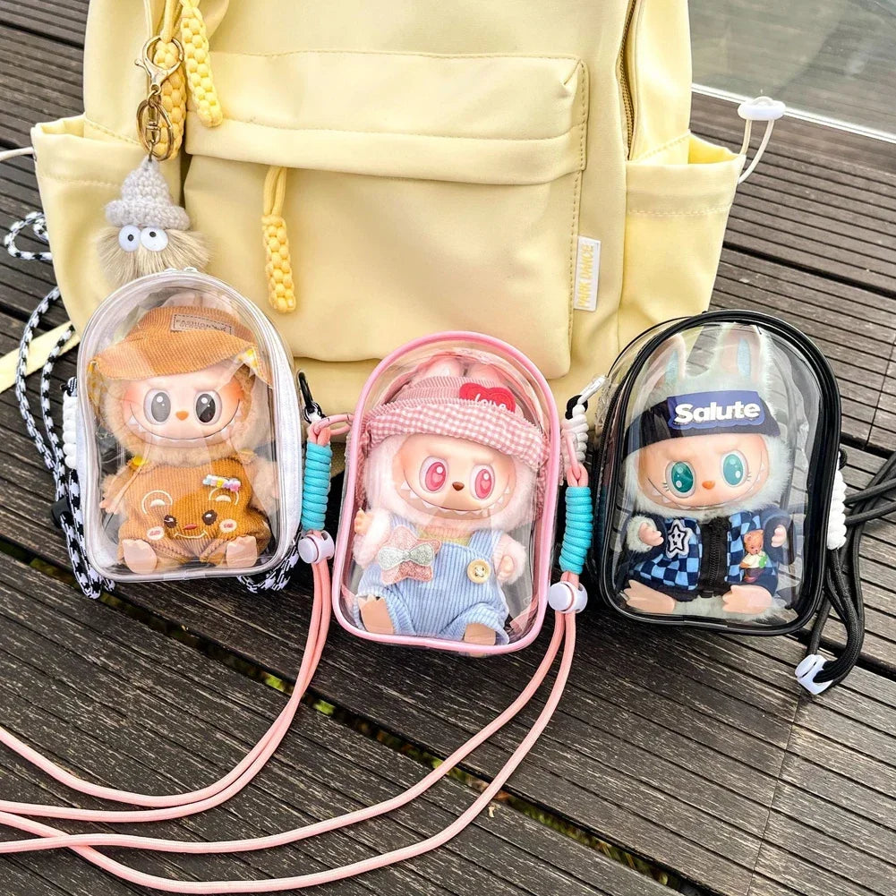 For 15cm Labubu V2 Sitting Party Cotton Doll Crossbody Pain Bag Plastic Storage Bag Hairball Dolls Display Bag (No Dolls)