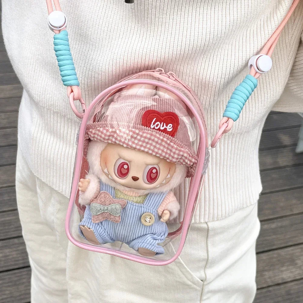 For 15cm Labubu V2 Sitting Party Cotton Doll Crossbody Pain Bag Plastic Storage Bag Hairball Dolls Display Bag (No Dolls)