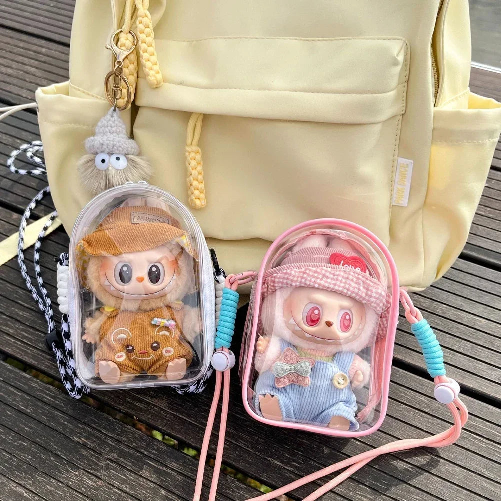 For 15cm Labubu V2 Sitting Party Cotton Doll Crossbody Pain Bag Plastic Storage Bag Hairball Dolls Display Bag (No Dolls)