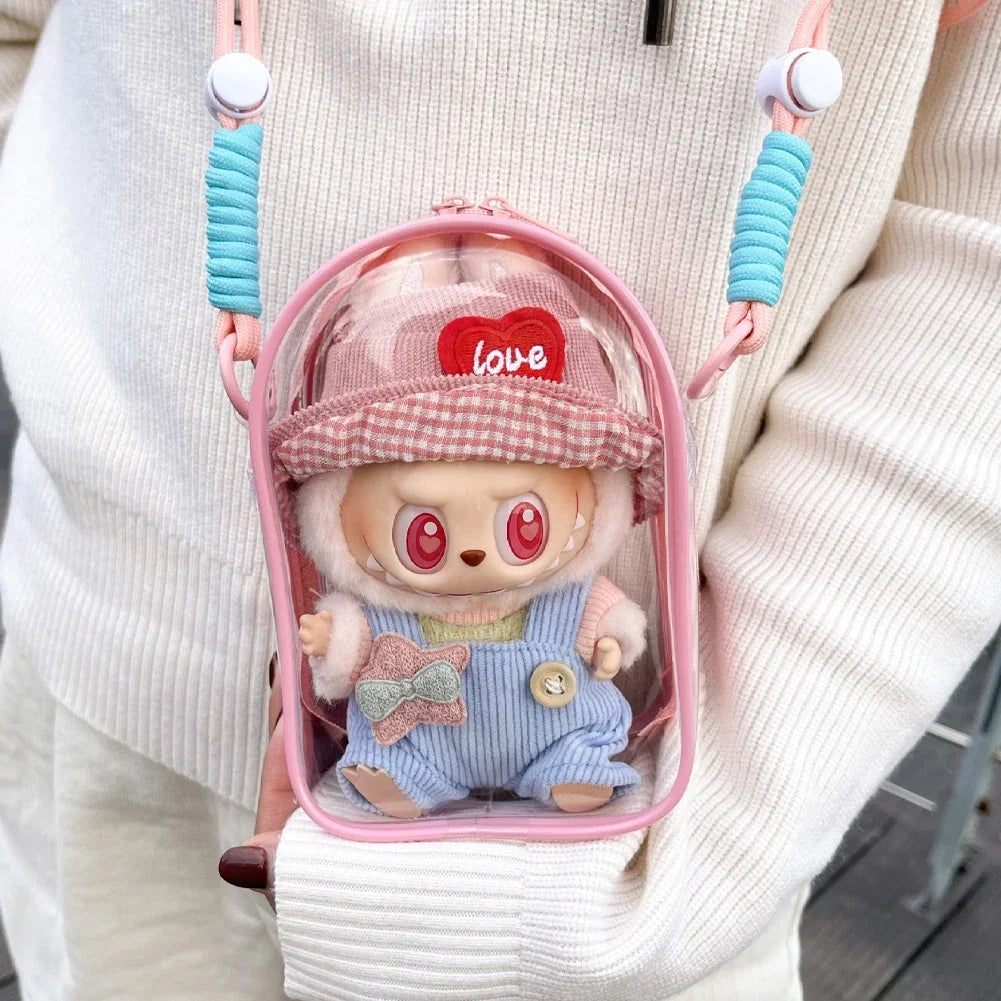 For 15cm Labubu V2 Sitting Party Cotton Doll Crossbody Pain Bag Plastic Storage Bag Hairball Dolls Display Bag (No Dolls)