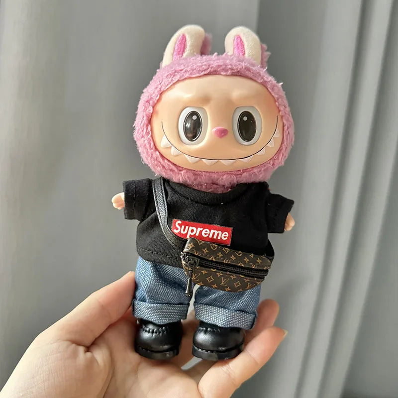 17cm New Only Selling Clothes Cute Mini Plush Dolls Kawaii Labubu Clothes T-Shirt Sling Jumpsuit Jacket New Style Children Gift