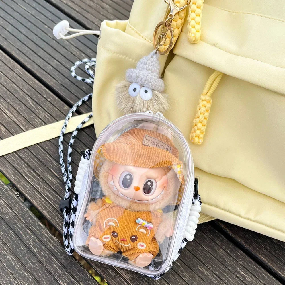 For 15cm Labubu V2 Sitting Party Cotton Doll Crossbody Pain Bag Plastic Storage Bag Hairball Dolls Display Bag (No Dolls)